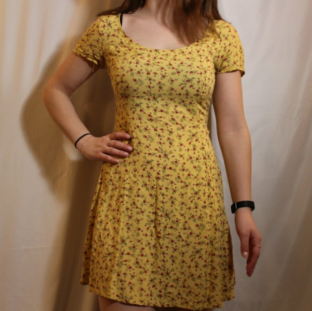Yellow with Pink Floral Print Skater Dress